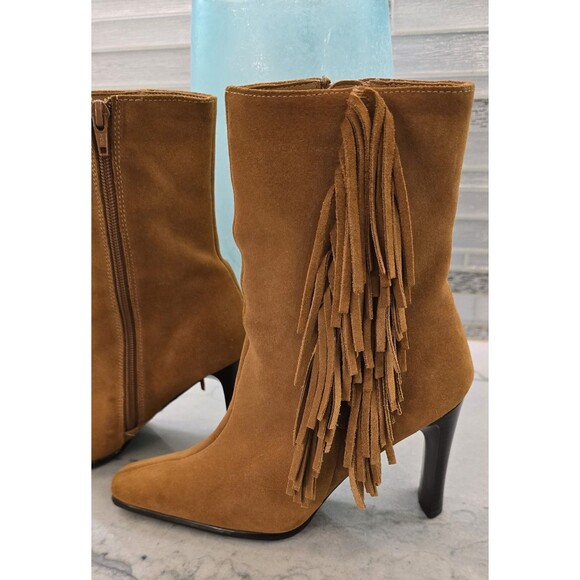 PREDICTIONS Lt Brown Suede Mid-Calf Fashion Western Cowboy Fringe Heel Boot 7 - Picture 2 of 9